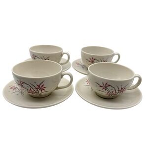 VTG Syracuse China Flame Lily Tea Cup Saucer Set of 4 MCM USA